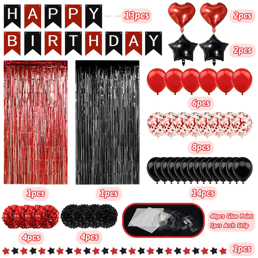 ZERODECO Red Black Birthday Party Decorations Kit – 45 Pieces with Banner, Balloons, Arch Strip, and Fringe Curtains