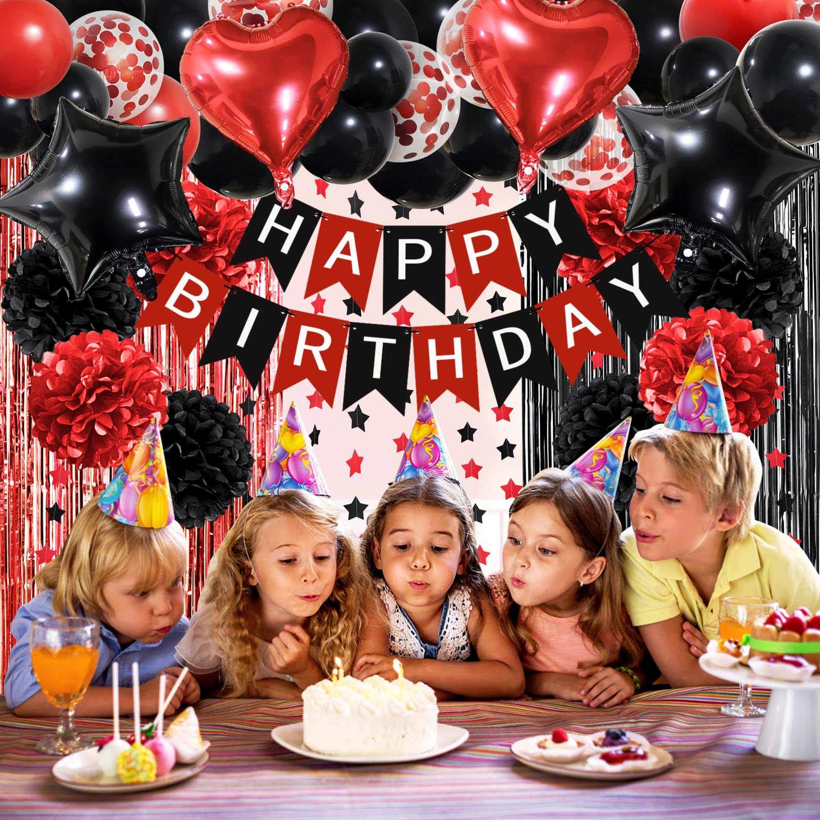 ZERODECO Red Black Birthday Party Decorations Kit – 45 Pieces with Banner, Balloons, Arch Strip, and Fringe Curtains
