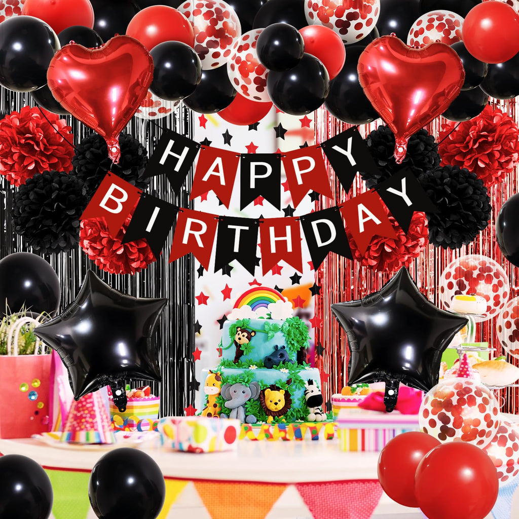 ZERODECO Red Black Birthday Party Decorations Kit – 45 Pieces with Banner, Balloons, Arch Strip, and Fringe Curtains