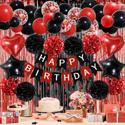 ZERODECO Red Black Birthday Party Decorations Kit – 45 Pieces with Banner, Balloons, Arch Strip, and Fringe Curtains