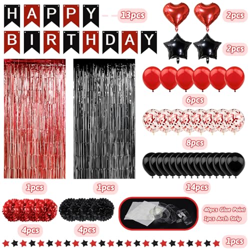 ZERODECO Red Black Birthday Party Decorations Kit – 45 Pieces with Banner, Balloons, Arch Strip, and Fringe Curtains