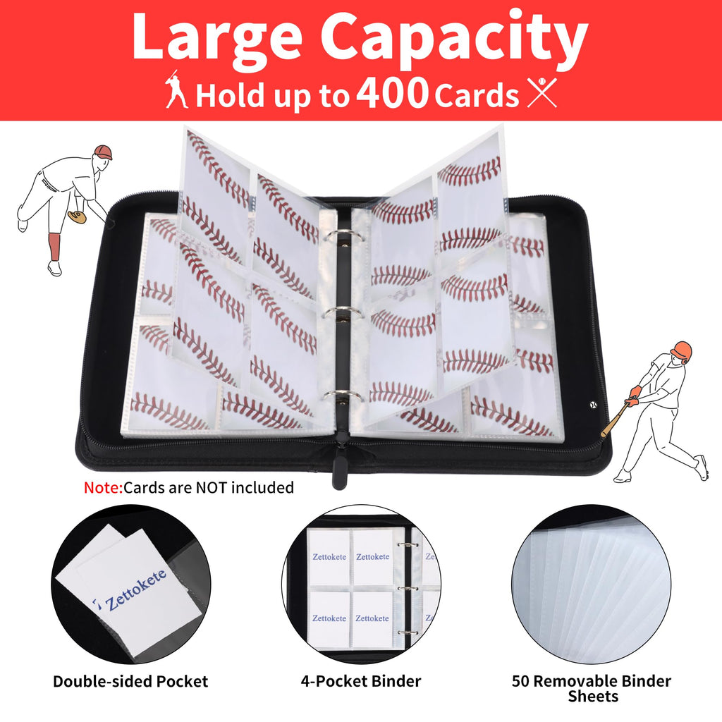 Zettokete 4-Pocket Baseball Card Binder - Holds 400 Cards, PU Leather, Zippered with Carry Handle