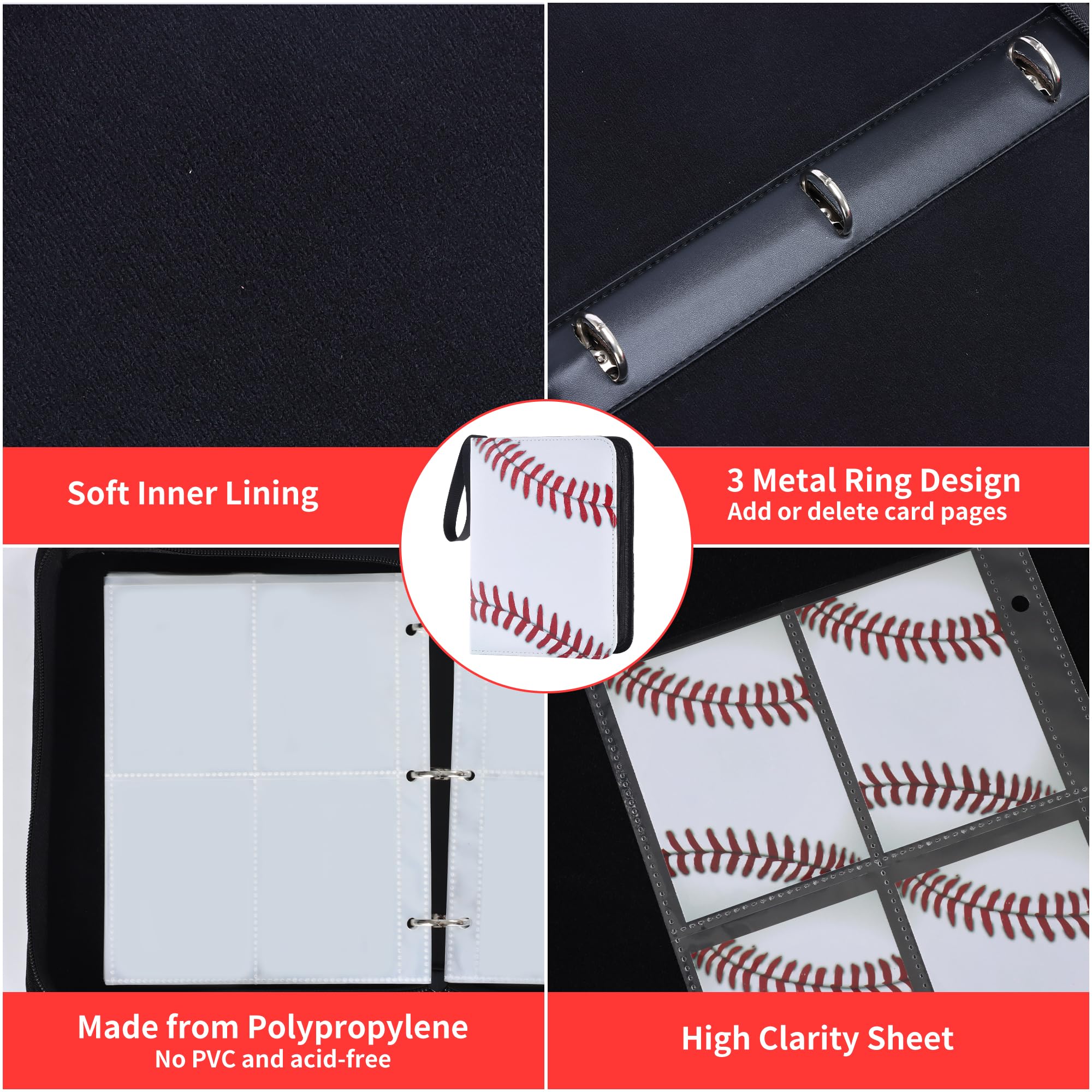 Zettokete 4-Pocket Baseball Card Binder - Holds 400 Cards, PU Leather, Zippered with Carry Handle