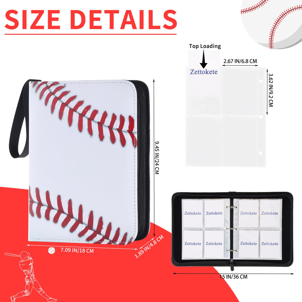 Zettokete 4-Pocket Baseball Card Binder - Holds 400 Cards, PU Leather, Zippered with Carry Handle