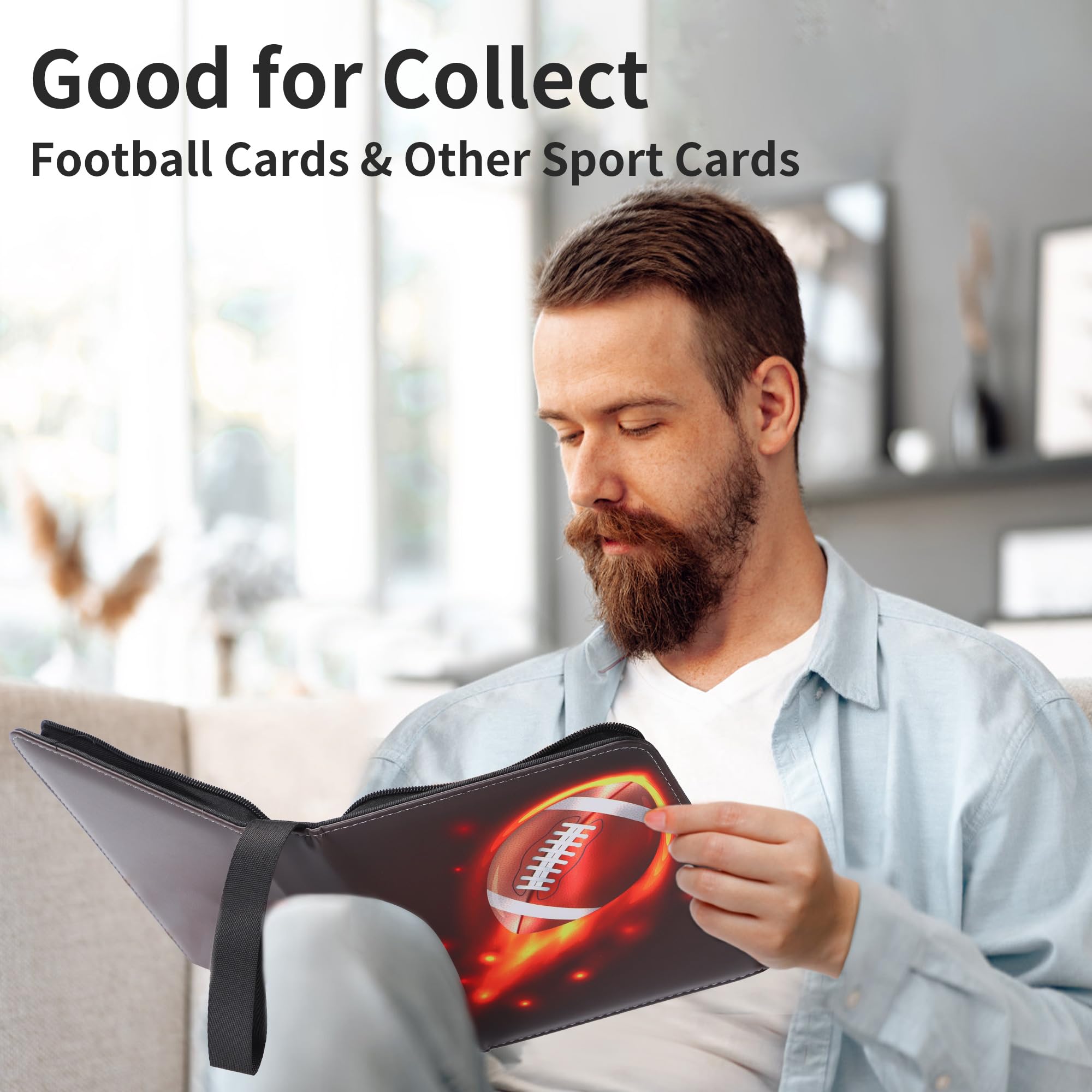 Zettokete 4-Pocket Football Card Binder – Holds 400 Cards, Zippered with Handle, PU Leather