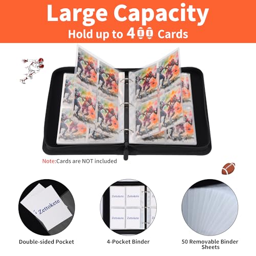 Zettokete 4-Pocket Football Card Binder – Holds 400 Cards, Zippered with Handle, PU Leather