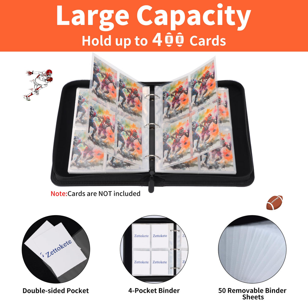 Zettokete Football Card Binder 4-Pocket – Holds 400 Cards, Zippered Album with Handle for Collectors