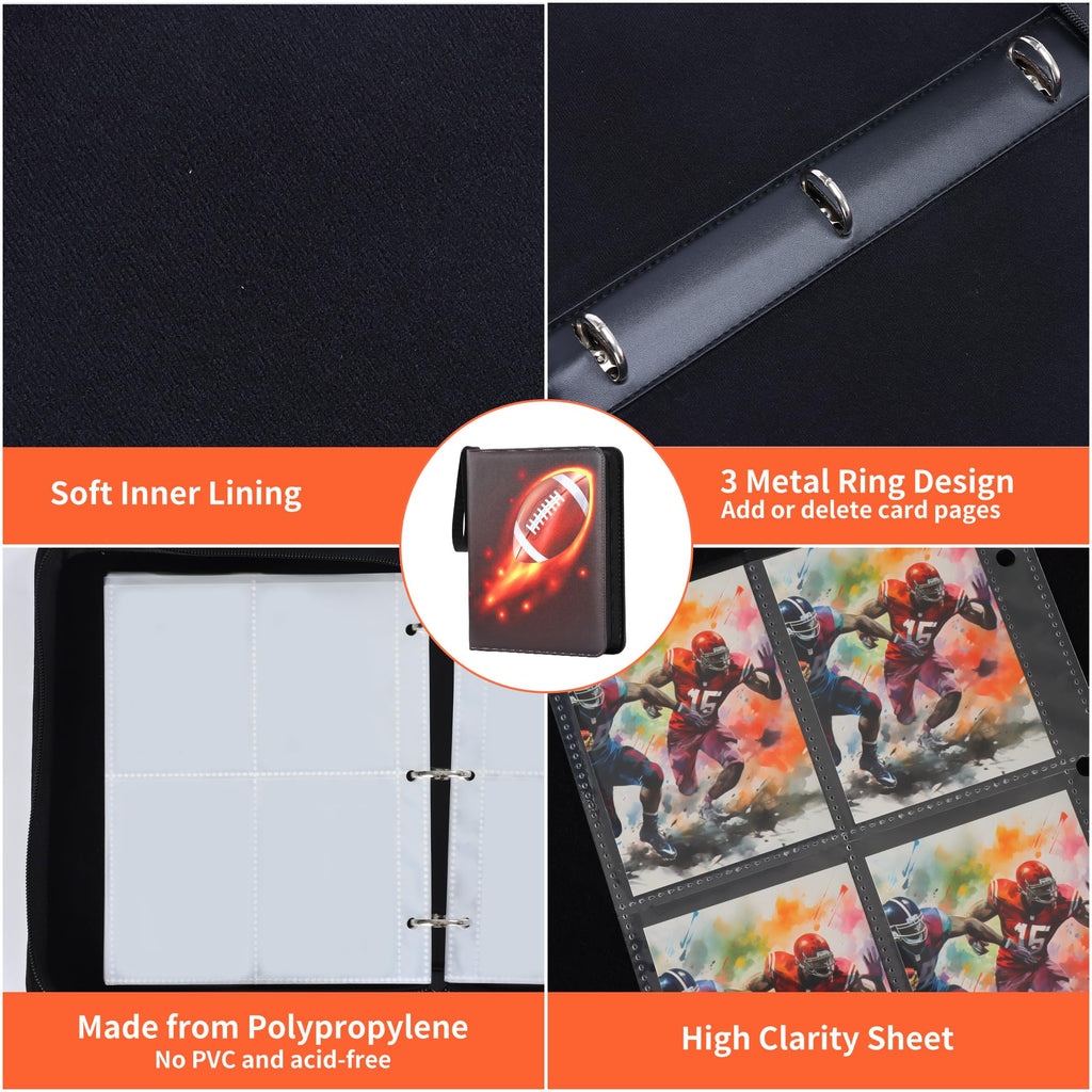 Zettokete Football Card Binder 4-Pocket – Holds 400 Cards, Zippered Album with Handle for Collectors