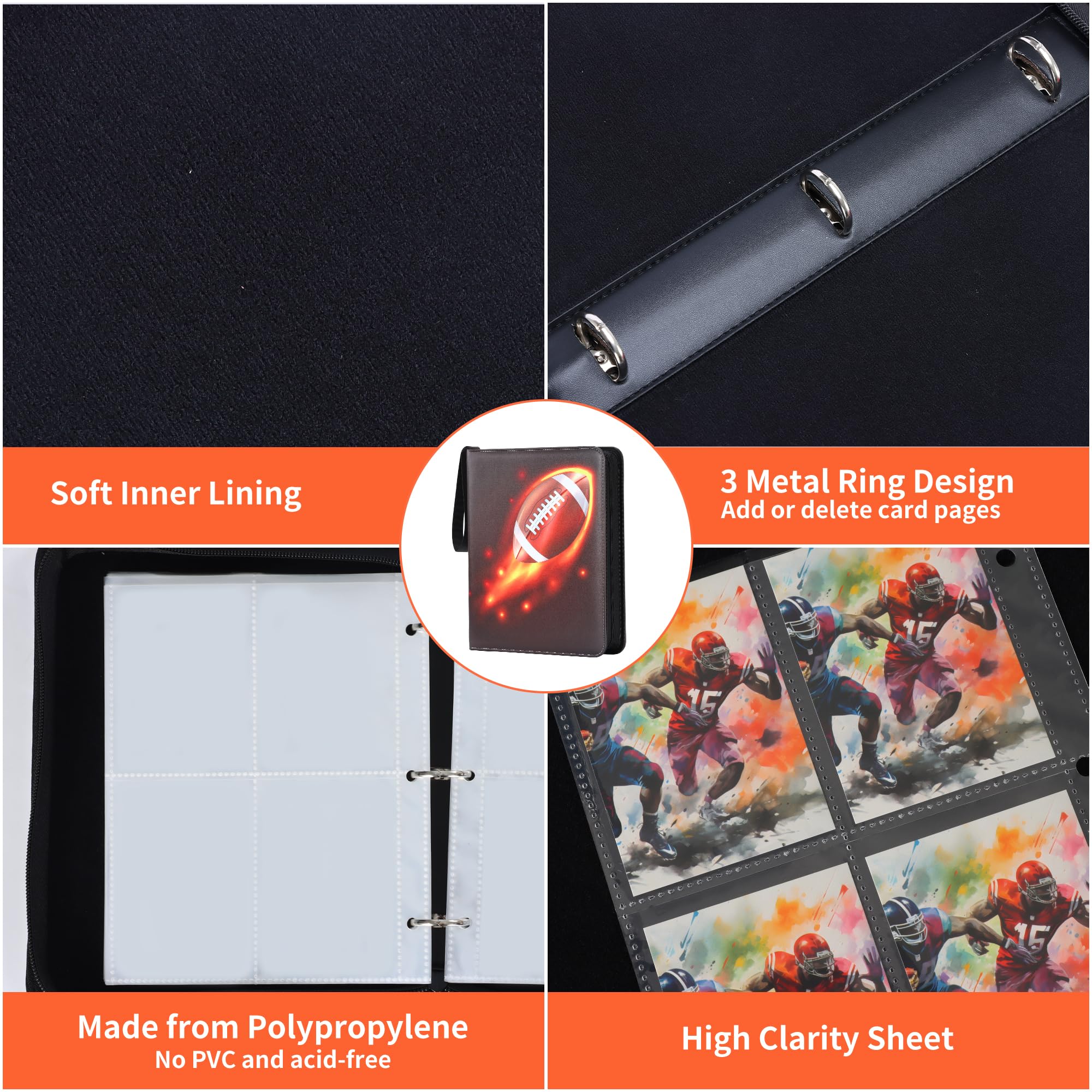 Zettokete Football Card Binder 4-Pocket – Holds 400 Cards, Zippered Album with Handle for Collectors