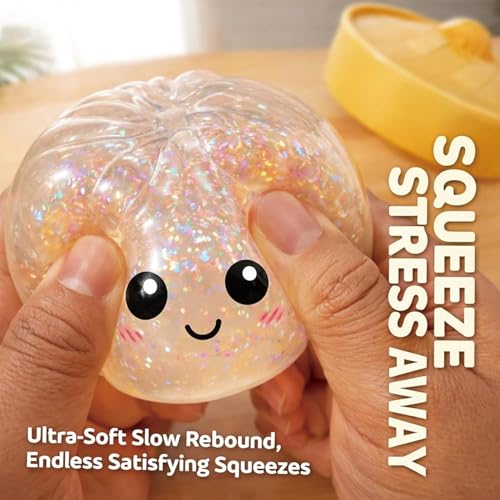 ZEXILILA White Glitter Dumpling Squishy Stress Ball – Slow Rising Anxiety Relief Toy with Storage Box