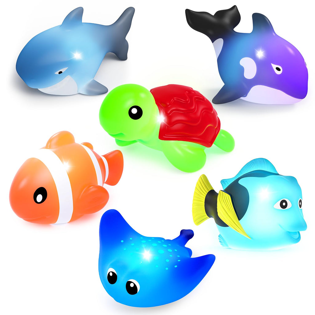 ZGLYMUS Light-Up Bath Toys, 6-Pack Ocean Animals with Water-Activated LED Lights, No Hole Mold Free for Babies Toddlers 6M+