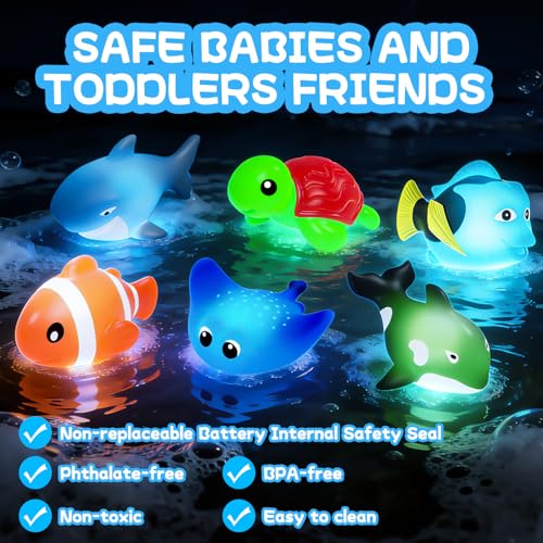 ZGLYMUS Light-Up Bath Toys, 6-Pack Ocean Animals with Water-Activated LED Lights, No Hole Mold Free for Babies Toddlers 6M+