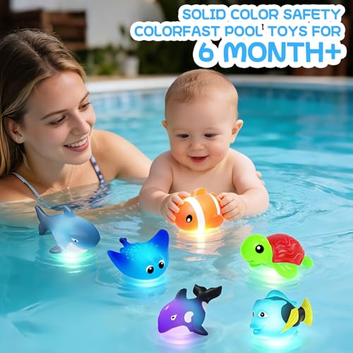 ZGLYMUS Light-Up Bath Toys, 6-Pack Ocean Animals with Water-Activated LED Lights, No Hole Mold Free for Babies Toddlers 6M+