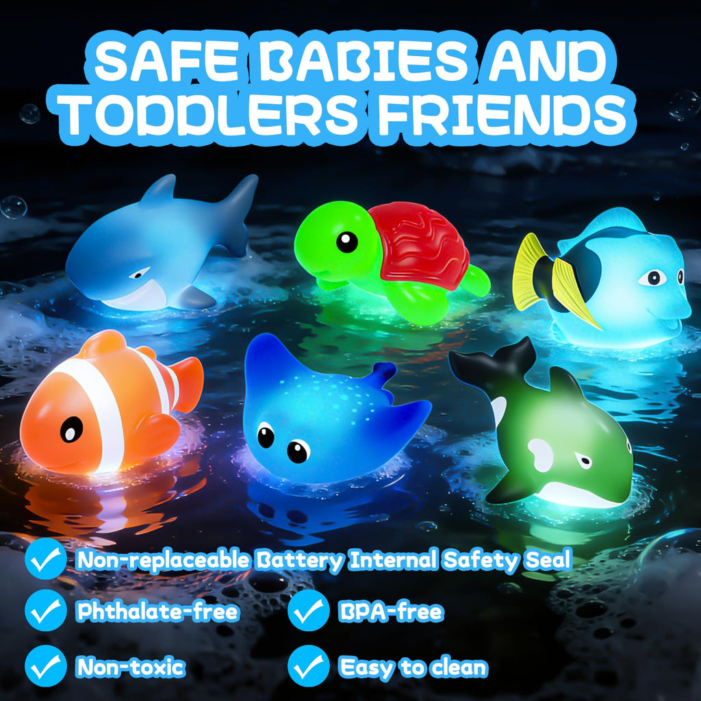 ZGLYMUS Light-Up Bath Toys, 6-Pack Ocean Animals with Water-Activated LED Lights, No Hole Mold Free for Babies Toddlers 6M+