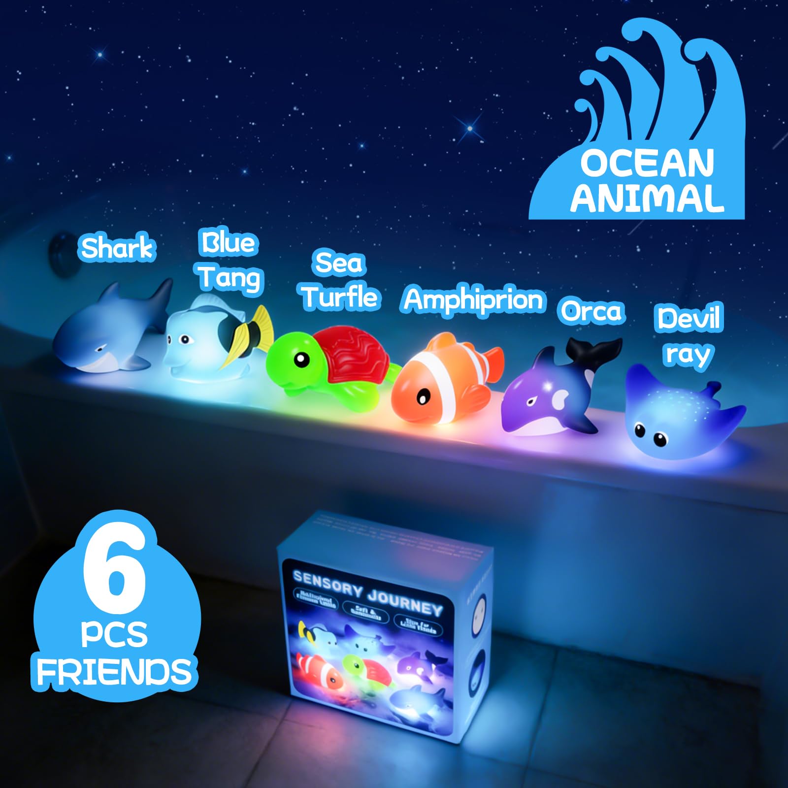 ZGLYMUS Light-Up Bath Toys, 6-Pack Ocean Animals with Water-Activated LED Lights, No Hole Mold Free for Babies Toddlers 6M+