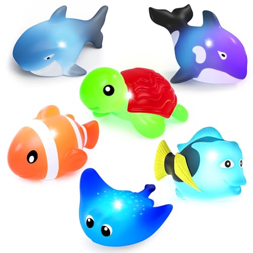 ZGLYMUS Light-Up Bath Toys, 6-Pack Ocean Animals with Water-Activated LED Lights, No Hole Mold Free for Babies Toddlers 6M+