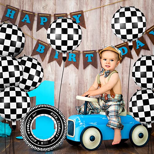 Zhanmai 14-Piece Racing Car Party Decorations – Plaid Balloons and Inflatable Tire Swim Rings