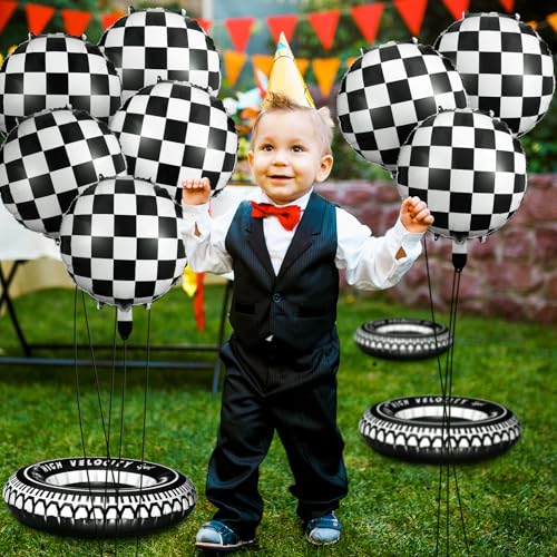Zhanmai 14-Piece Racing Car Party Decorations – Plaid Balloons and Inflatable Tire Swim Rings
