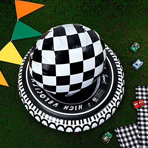 Zhanmai 14-Piece Racing Car Party Decorations – Plaid Balloons and Inflatable Tire Swim Rings
