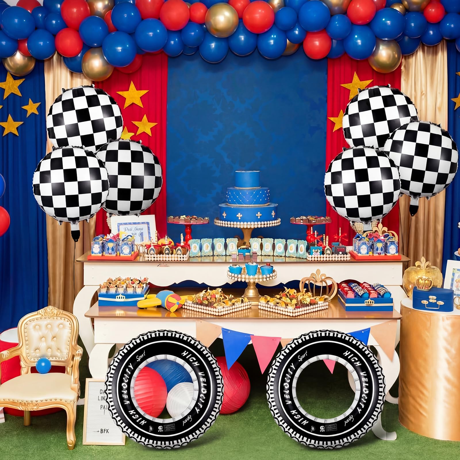 Zhanmai 14-Piece Racing Car Party Decorations – Plaid Balloons and Inflatable Tire Swim Rings