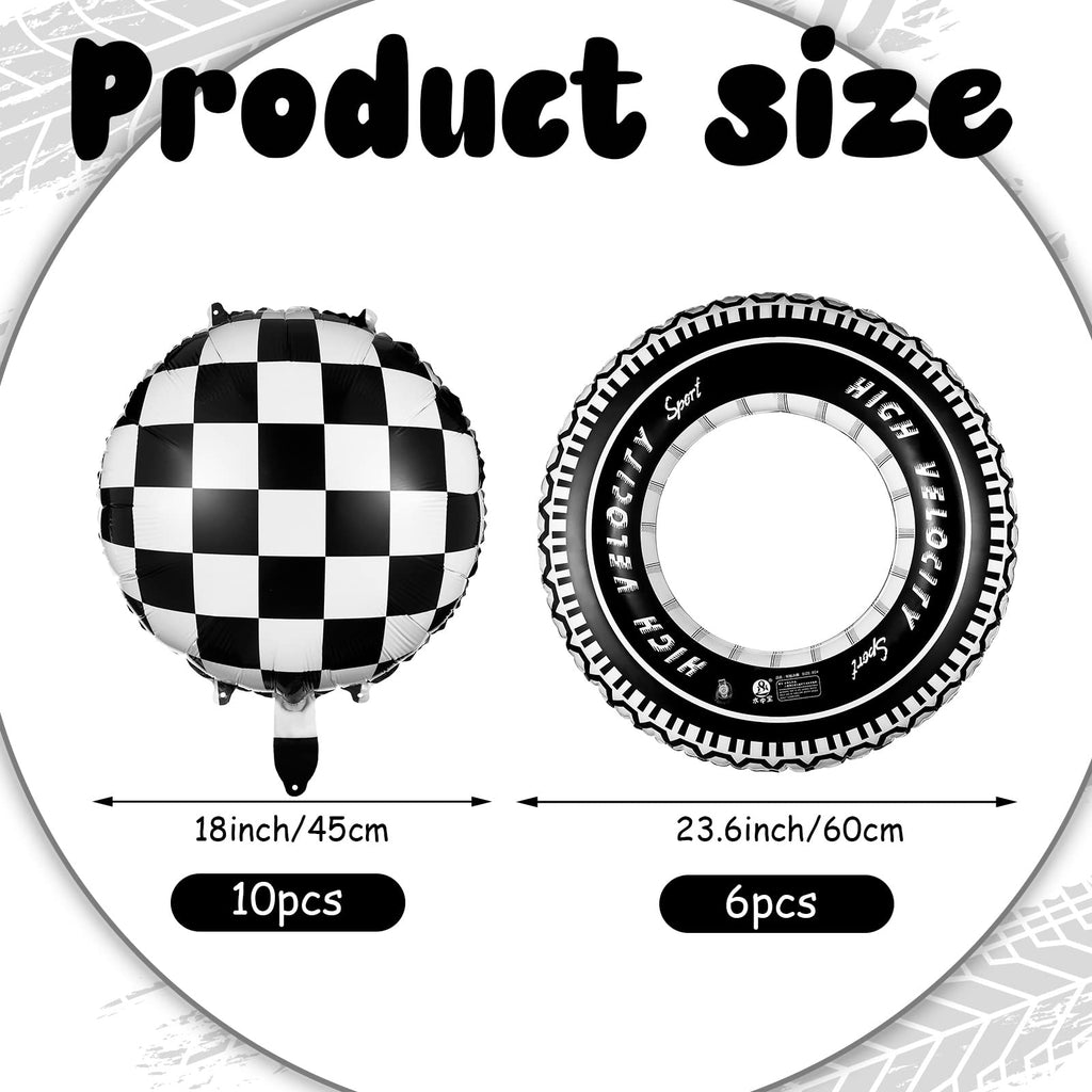 Zhanmai 14-Piece Racing Car Party Decorations – Plaid Balloons and Inflatable Tire Swim Rings