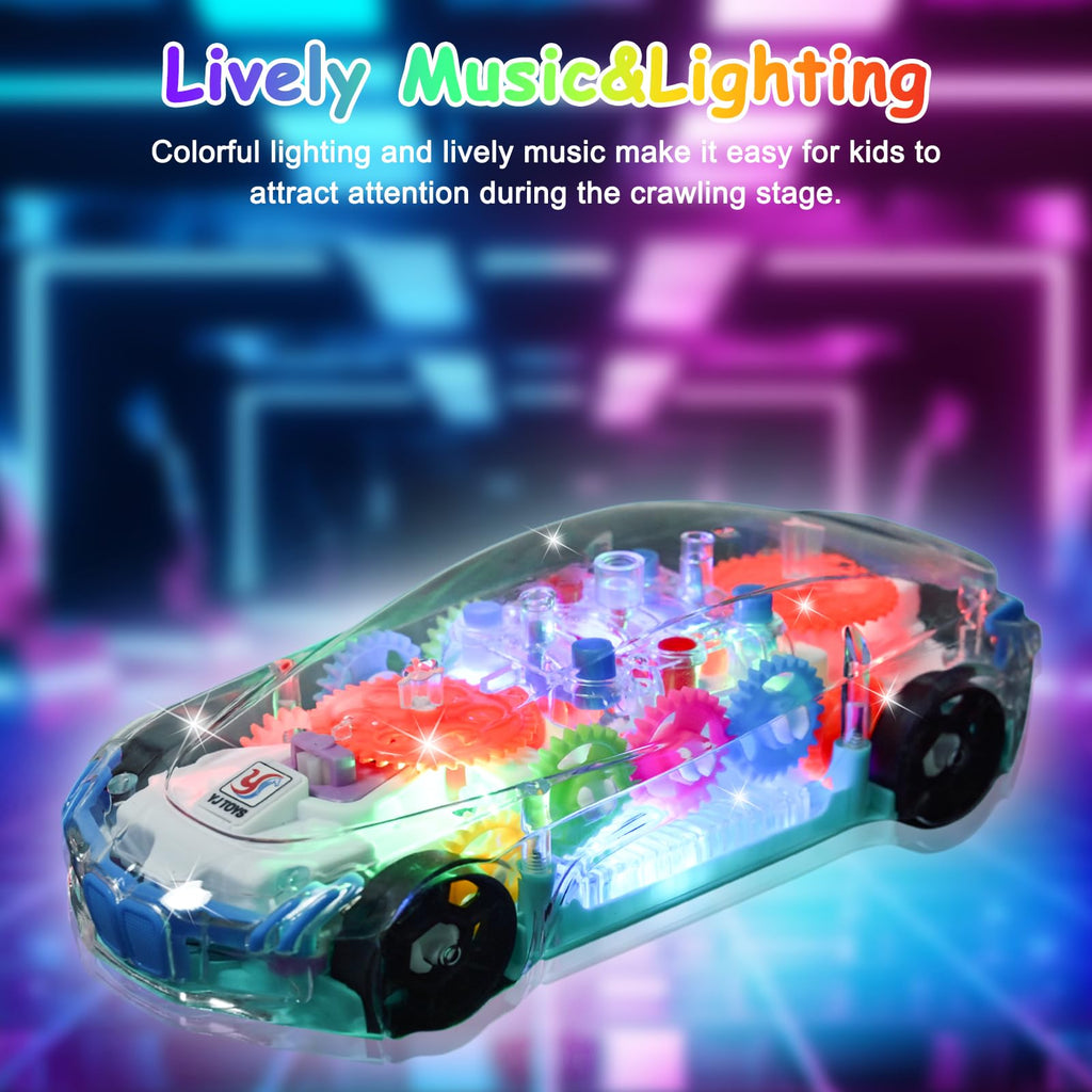ZHFUYS Light Up Transparent Car Toy with Spinning Gears, Lights, and Music for Ages 3+
