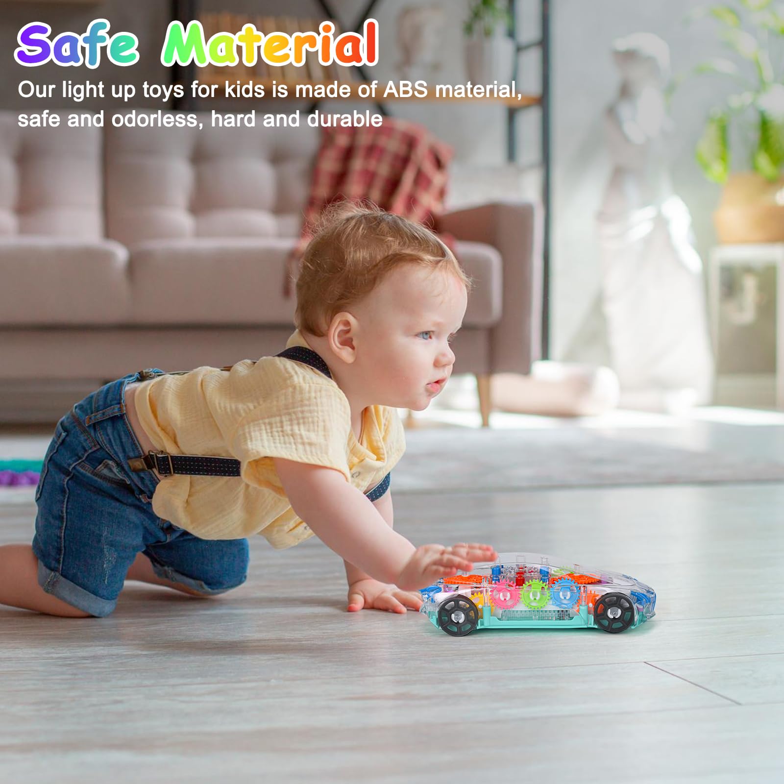 ZHFUYS Light Up Transparent Car Toy with Spinning Gears, Lights, and Music for Ages 3+