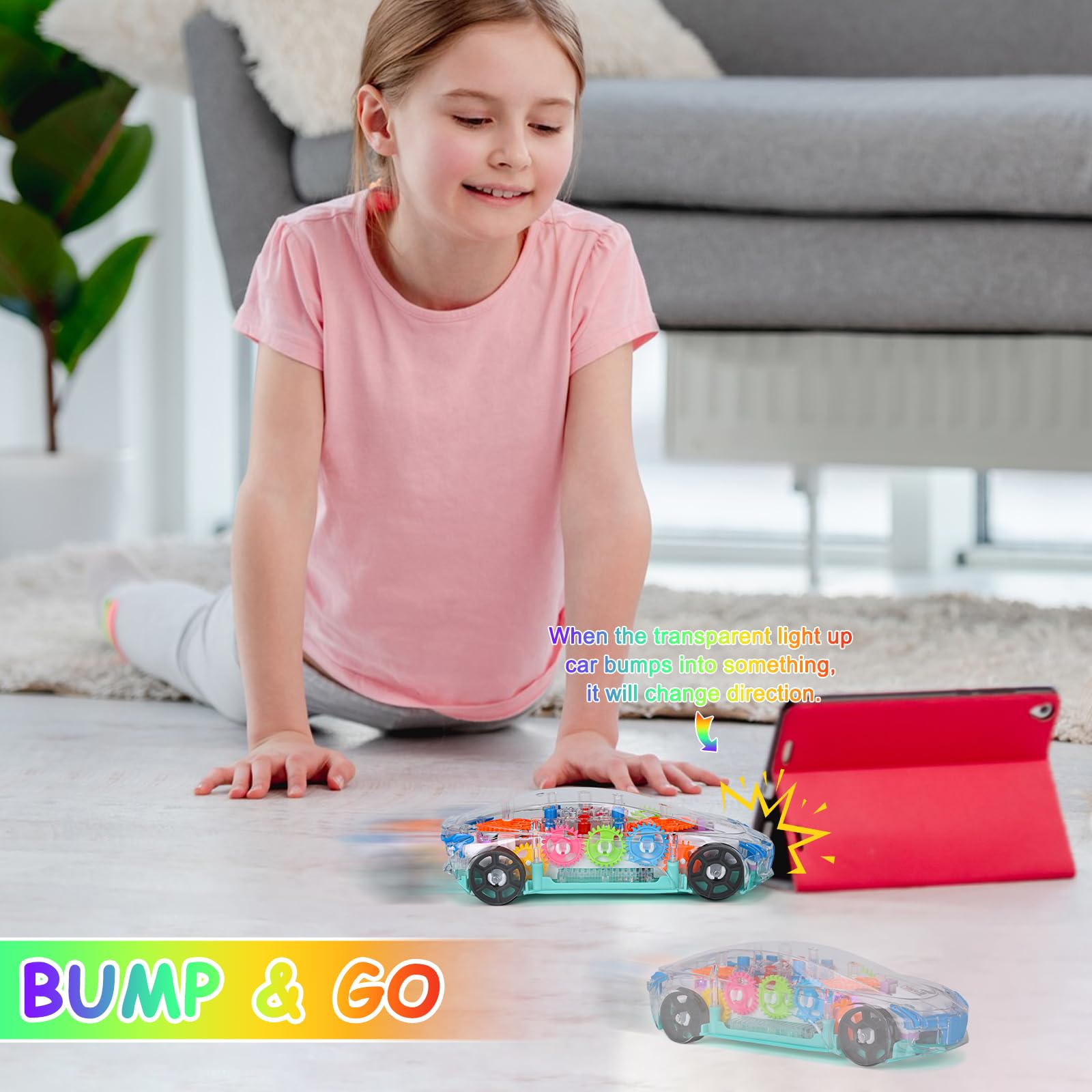 ZHFUYS Light Up Transparent Car Toy with Spinning Gears, Lights, and Music for Ages 3+