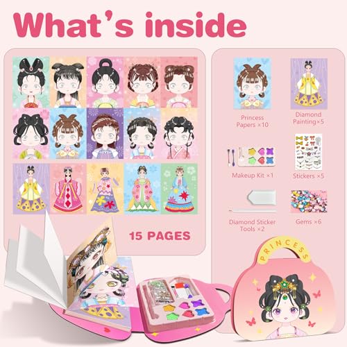 ZHOC Princess Paper Makeup Craft Kit for Girls Ages 3+ – Diamond Painting & Dress Up Set