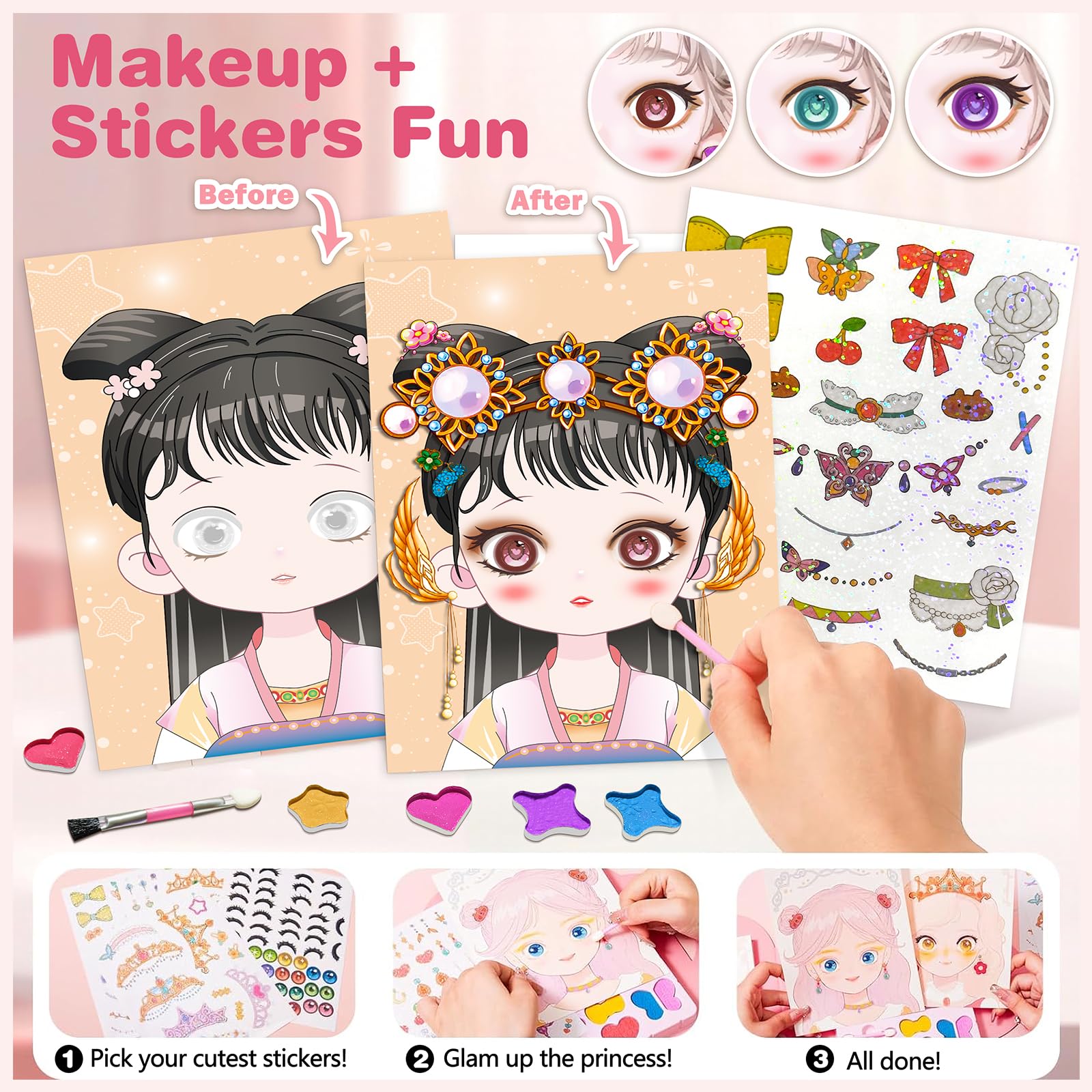 ZHOC Princess Paper Makeup Craft Kit for Girls Ages 3+ – Diamond Painting & Dress Up Set