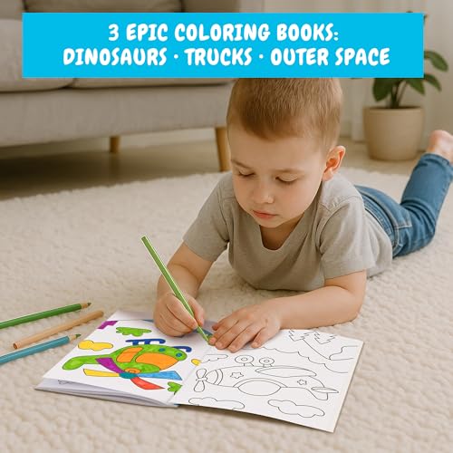ZICOTO 3-in-1 Coloring Book Set for Boys – Dinosaur, Space & Trucks – 132 Unique Designs