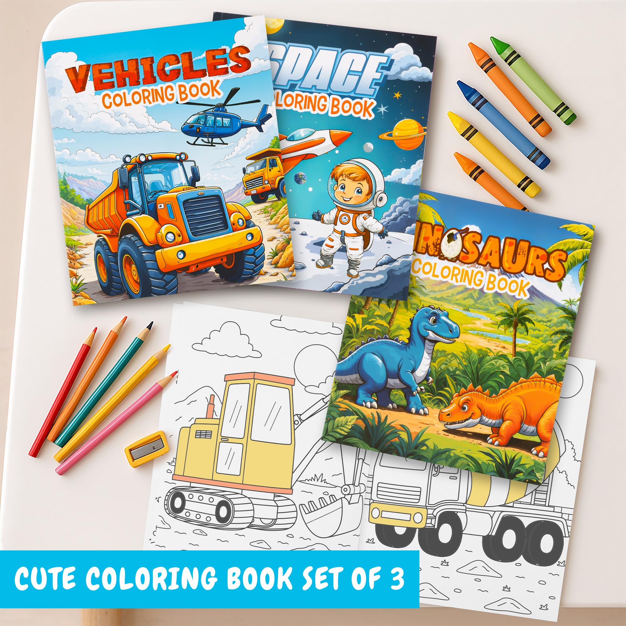 ZICOTO 3-in-1 Coloring Book Set for Boys – Dinosaur, Space & Trucks – 132 Unique Designs