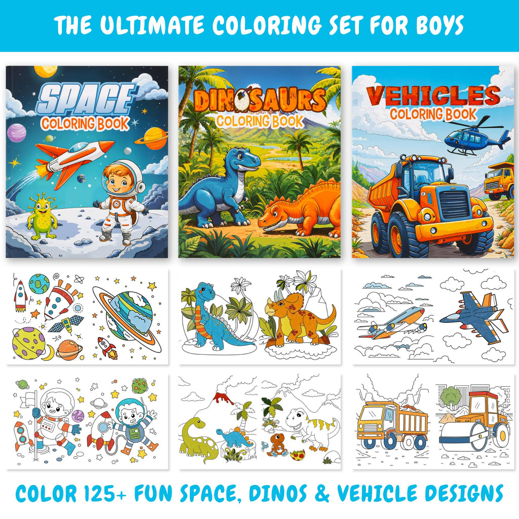 ZICOTO 3-in-1 Coloring Book Set for Boys – Dinosaur, Space & Trucks – 132 Unique Designs