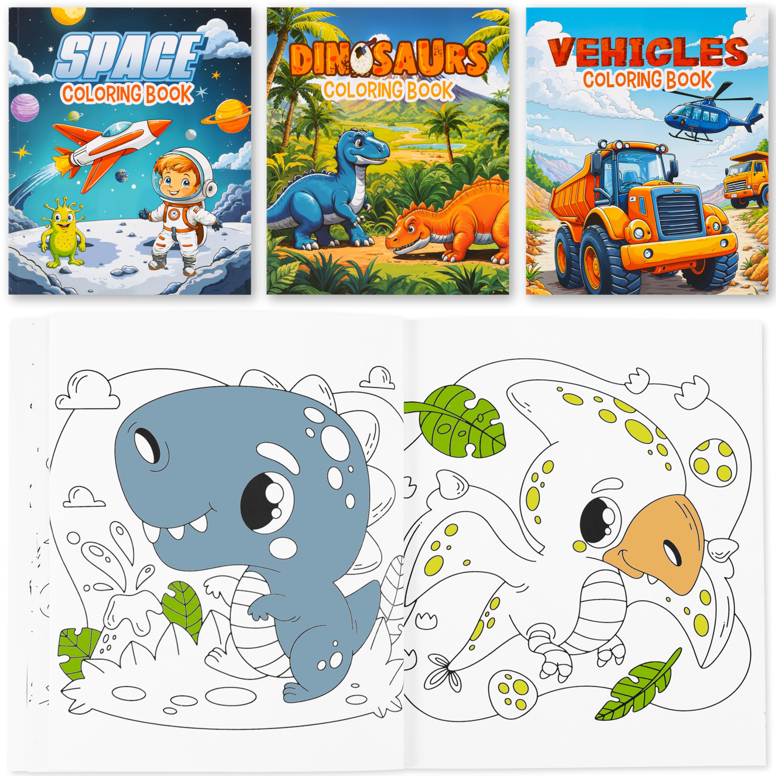 ZICOTO 3-in-1 Coloring Book Set for Boys – Dinosaur, Space & Trucks – 132 Unique Designs