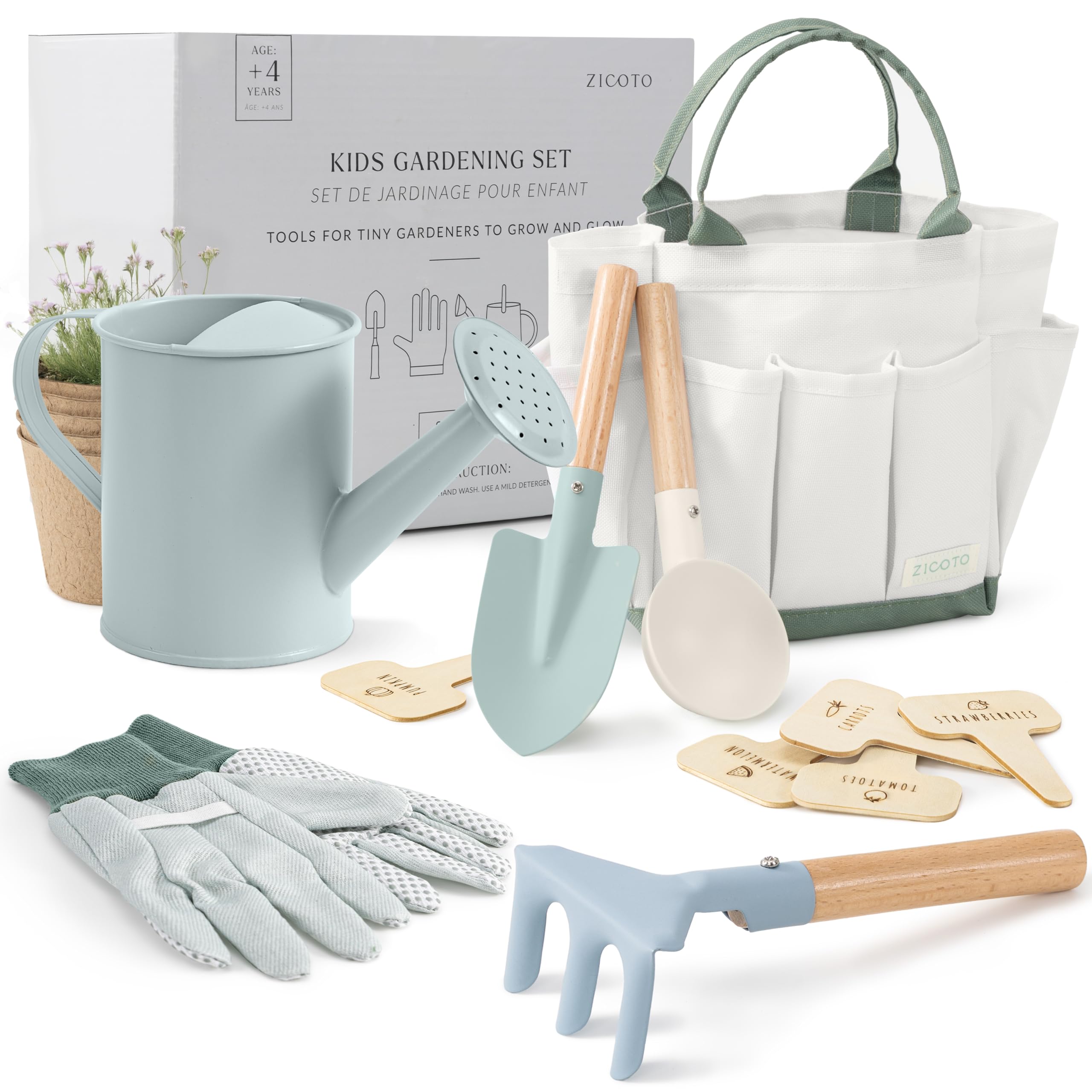ZICOTO Kids Gardening Set – 8-Piece Toddler Gardening Tools with Tote Bag, Watering Can, Gloves, Pots & Labels – Safe for Ages 4+
