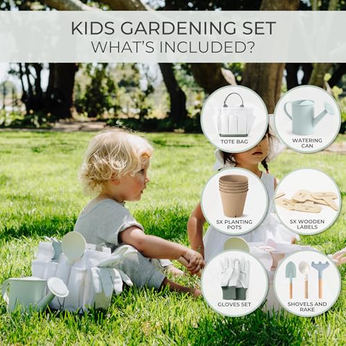 ZICOTO Kids Gardening Set – 8-Piece Toddler Gardening Tools with Tote Bag, Watering Can, Gloves, Pots & Labels – Safe for Ages 4+