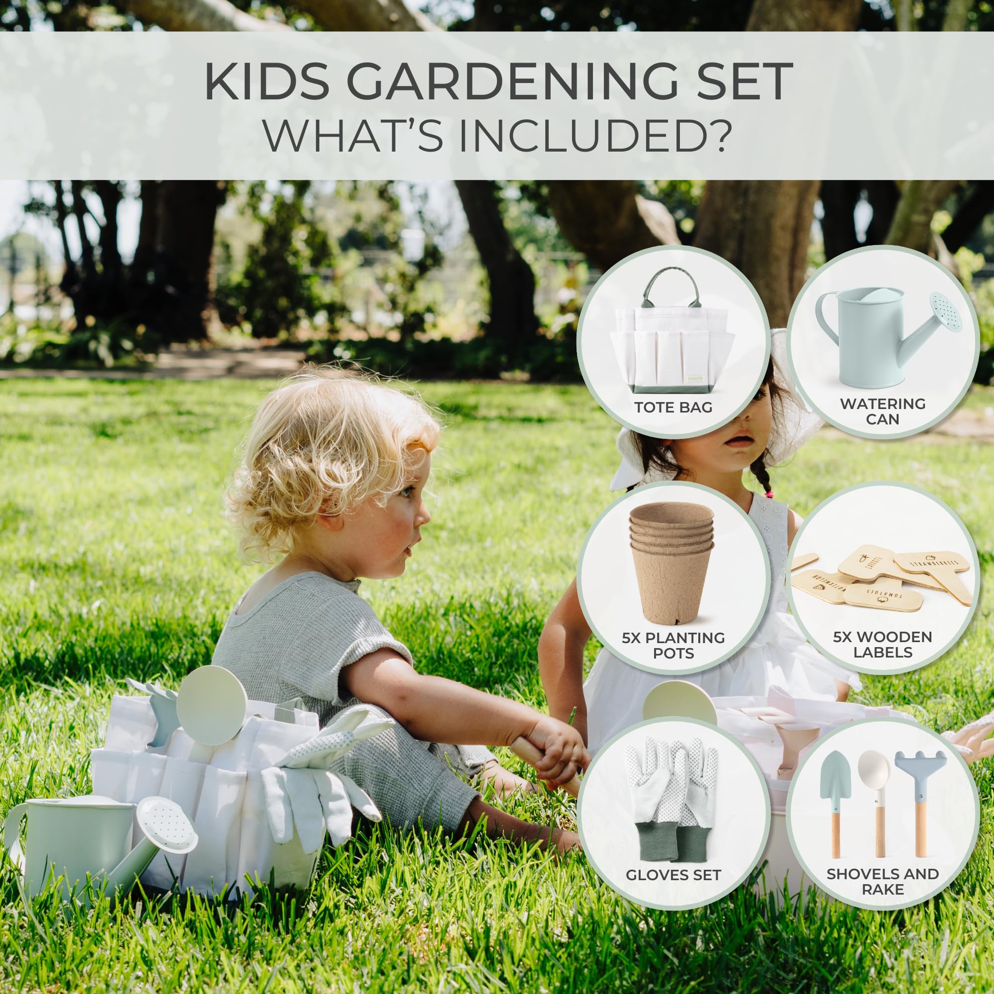 ZICOTO Kids Gardening Set – 8-Piece Toddler Gardening Tools with Tote Bag, Watering Can, Gloves, Pots & Labels – Safe for Ages 4+