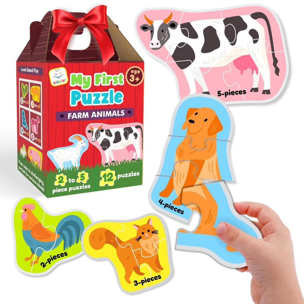 Zicster My First Puzzle: 12 Graded Montessori Puzzles for Toddlers (Wild Animals, 2-5 Pieces)