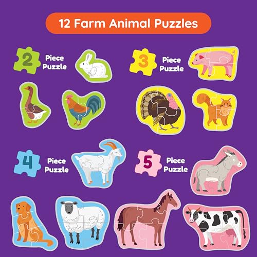 Zicster My First Puzzle: 12 Graded Montessori Puzzles for Toddlers (Wild Animals, 2-5 Pieces)