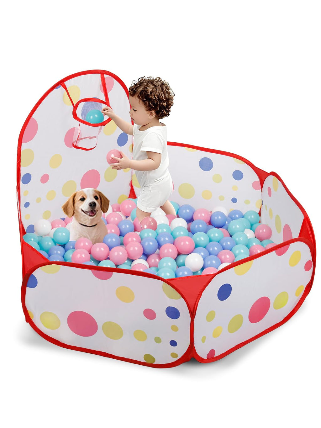 ZimiTeda Red Dot Kids Ball Pit with Basketball Hoop – Foldable Pop-Up Playpen, 47-Inch Wide, for Toddlers (Balls Not Included)