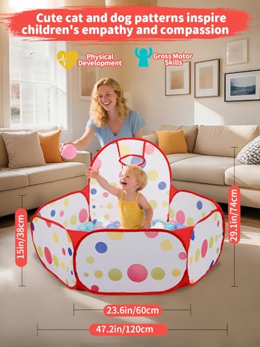 ZimiTeda Red Dot Kids Ball Pit with Basketball Hoop – Foldable Pop-Up Playpen, 47-Inch Wide, for Toddlers (Balls Not Included)