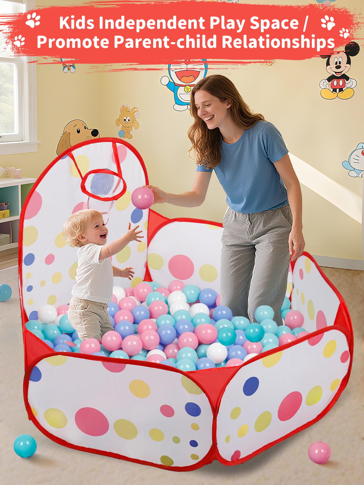 ZimiTeda Red Dot Kids Ball Pit with Basketball Hoop – Foldable Pop-Up Playpen, 47-Inch Wide, for Toddlers (Balls Not Included)