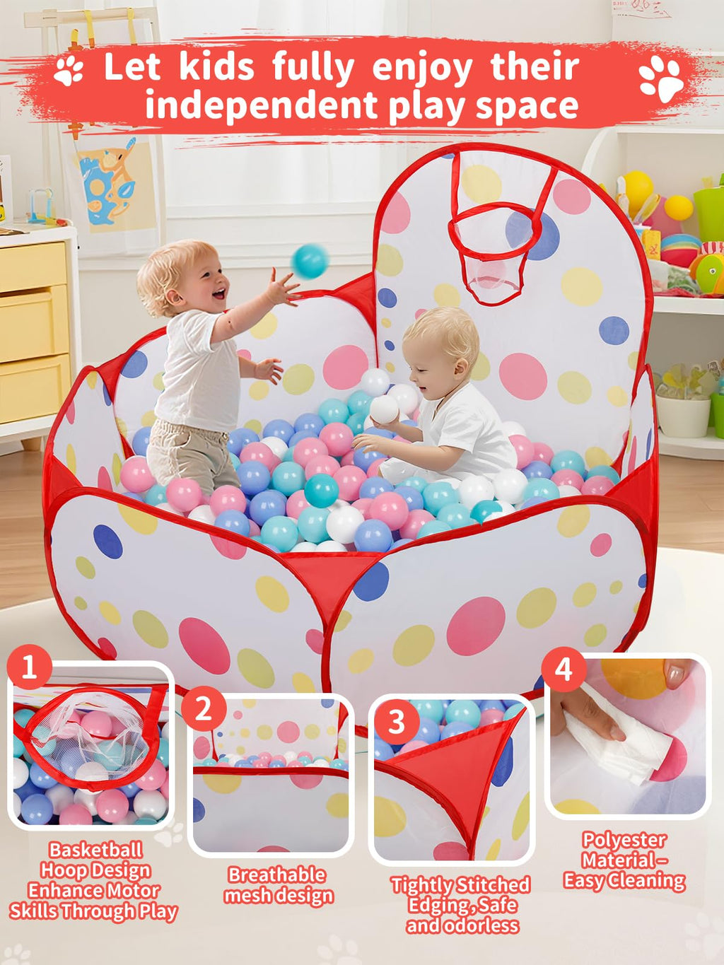 ZimiTeda Red Dot Kids Ball Pit with Basketball Hoop – Foldable Pop-Up Playpen, 47-Inch Wide, for Toddlers (Balls Not Included)