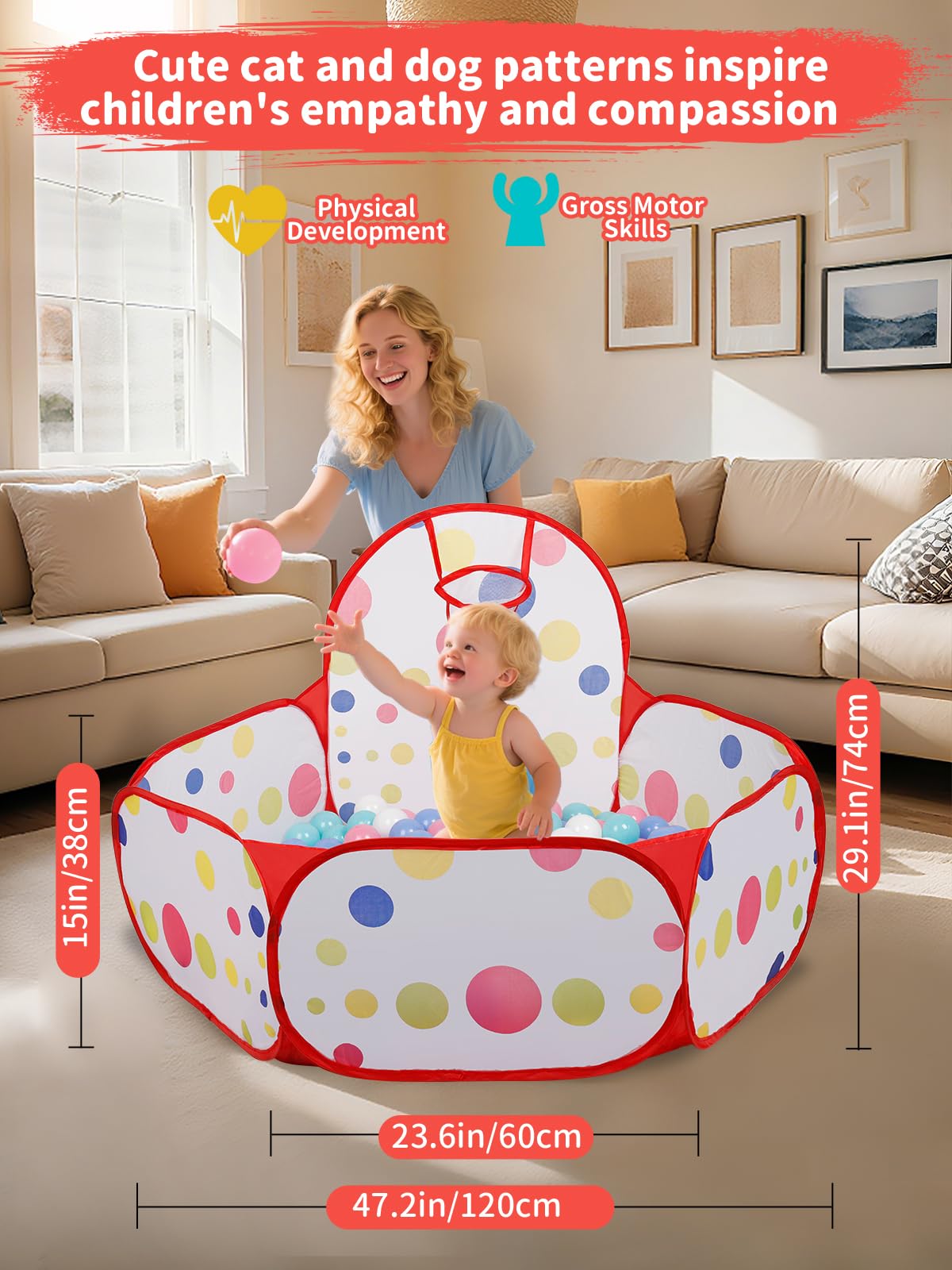 ZimiTeda Red Dot Kids Ball Pit with Basketball Hoop – Foldable Pop-Up Playpen, 47-Inch Wide, for Toddlers (Balls Not Included)