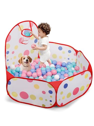 ZimiTeda Red Dot Kids Ball Pit with Basketball Hoop – Foldable Pop-Up Playpen, 47-Inch Wide, for Toddlers (Balls Not Included)