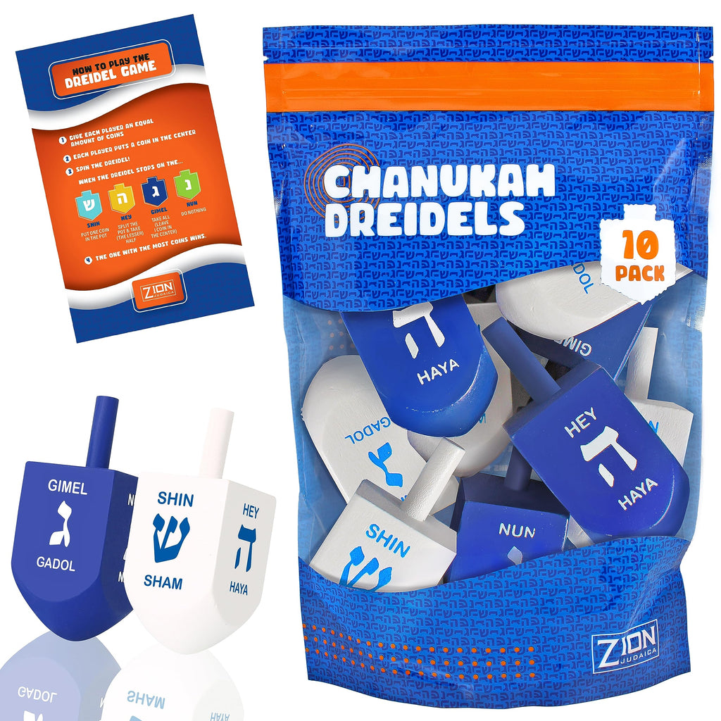 Zion Judaica XL Hanukkah Dreidels – 3-Inch Blue/White Wood, 10-Pack with English Translation & Transliteration