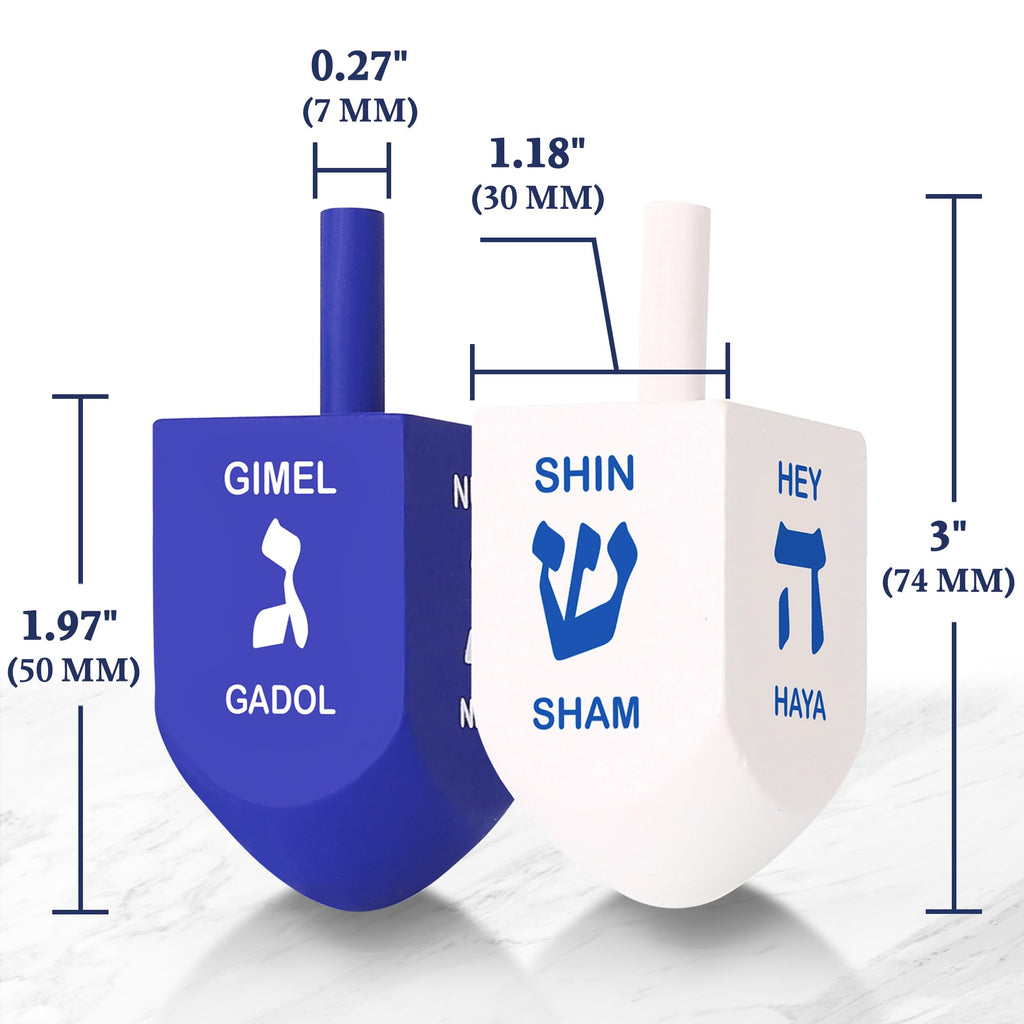 Zion Judaica XL Hanukkah Dreidels – 3-Inch Blue/White Wood, 10-Pack with English Translation & Transliteration