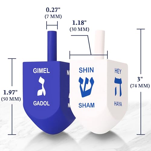 Zion Judaica XL Hanukkah Dreidels – 3-Inch Blue/White Wood, 10-Pack with English Translation & Transliteration