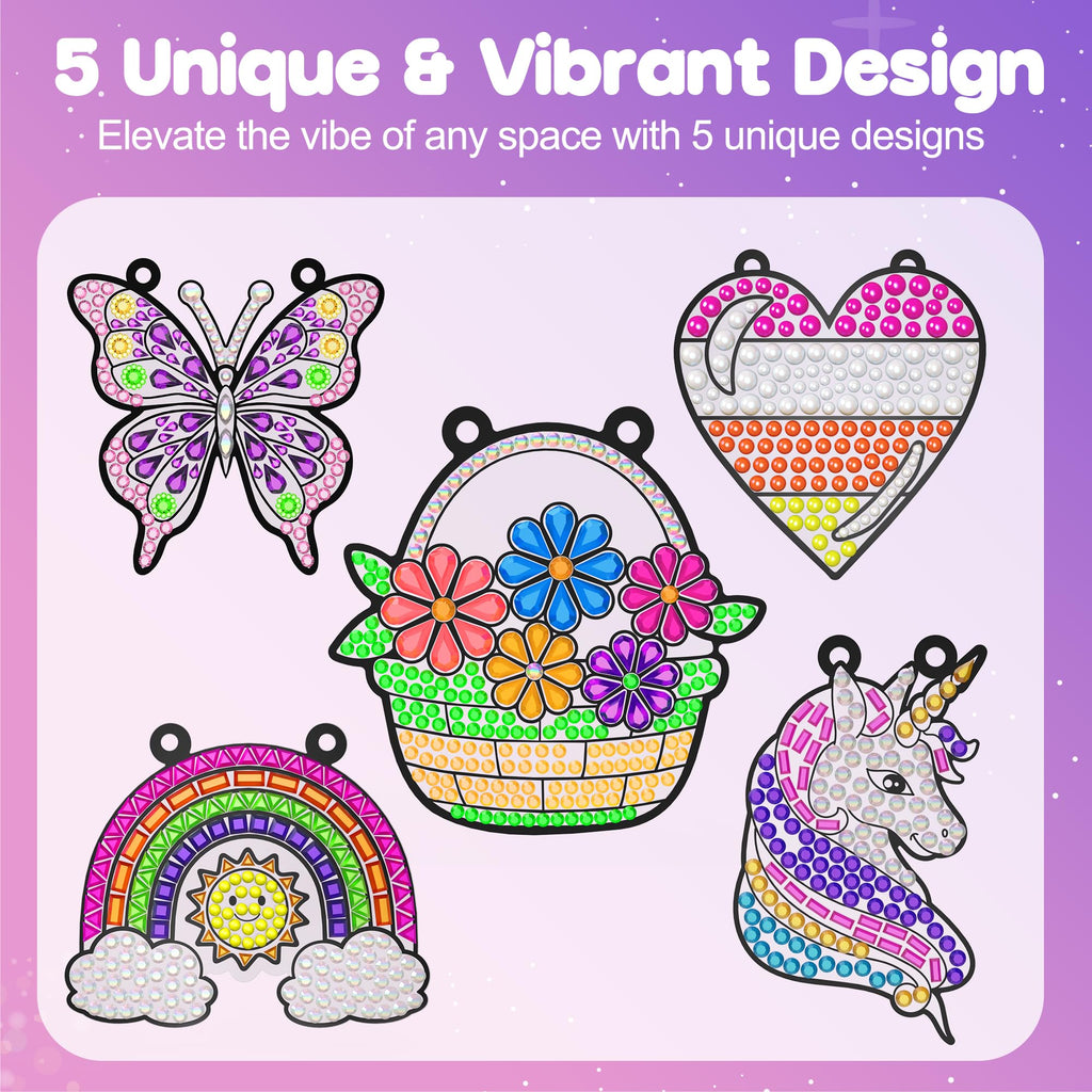 ZIZZ Diamond Painting Suncatcher Kits - 5 Gem Window Art Designs for Kids Ages 4-10