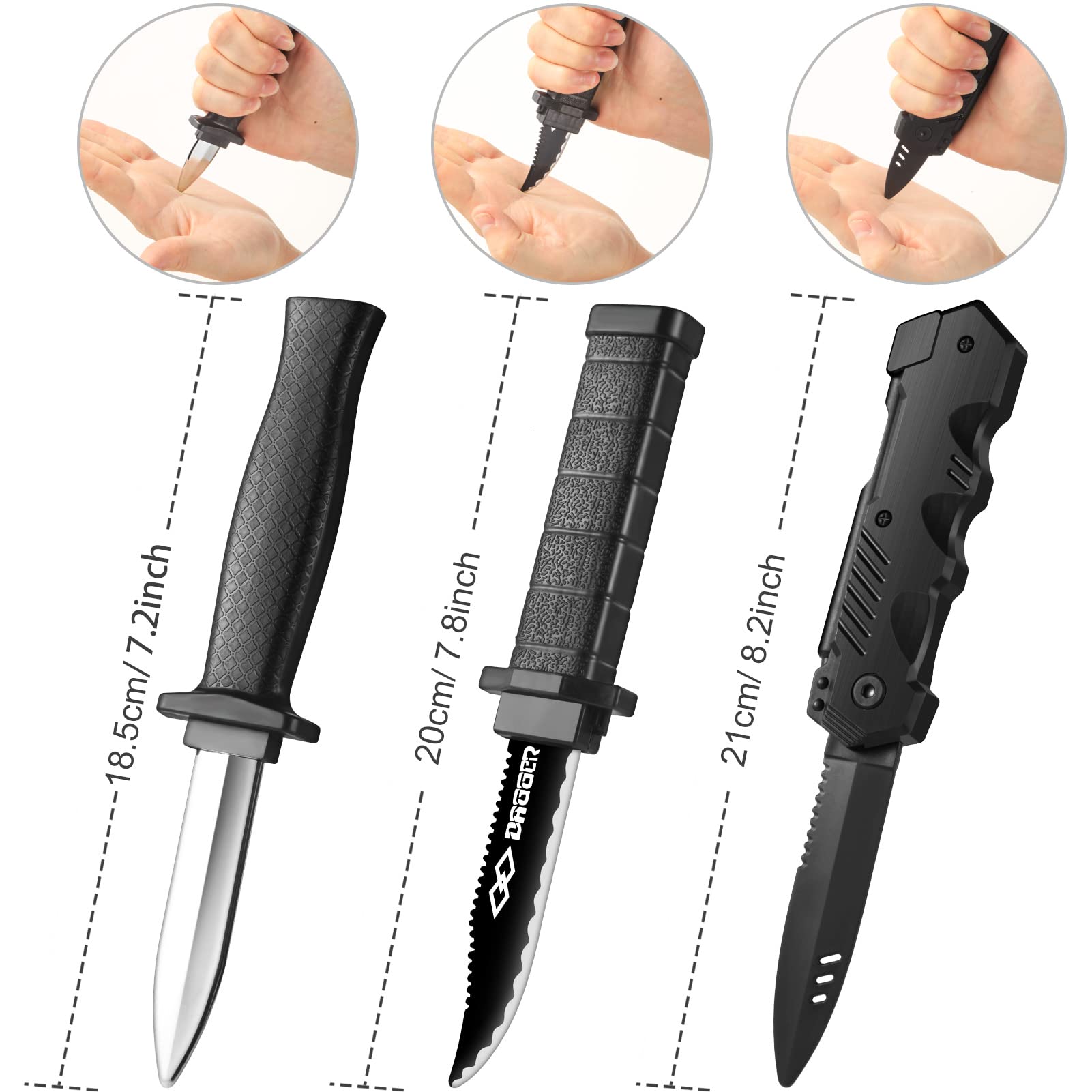 ZJoey 15-Pack Retractable Fake Knives - Plastic Prank Props for Halloween, April Fools, Cosplay (3 Styles, 7-8.26 Inches)